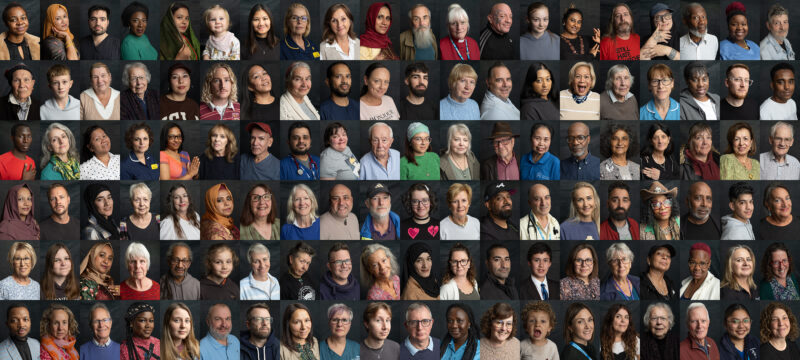 A collage image of 120 portrait photographs.