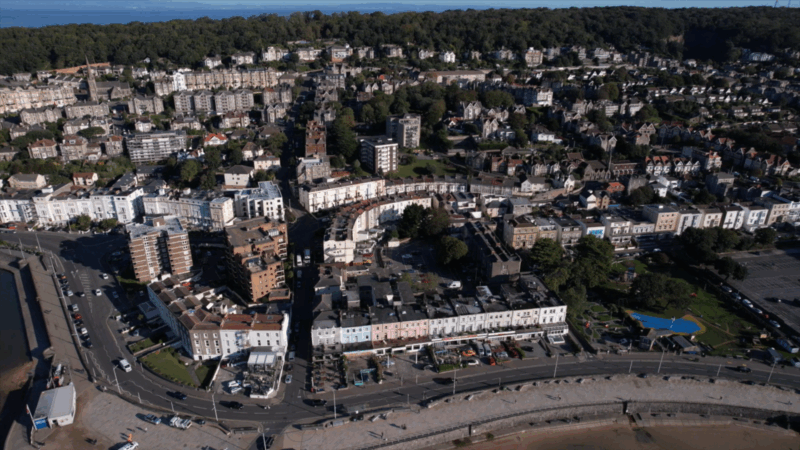 Buildings and streets from a birds eye view.